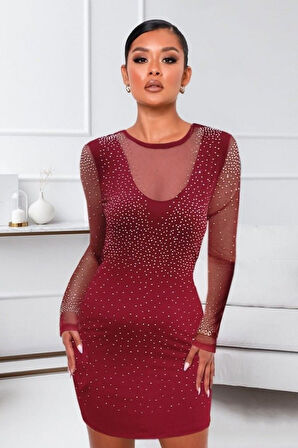 TUA MODA Kadın Uzun Kollu Yuvarlak Yaka Dekolteli Taşlı Dalgıç Elbise