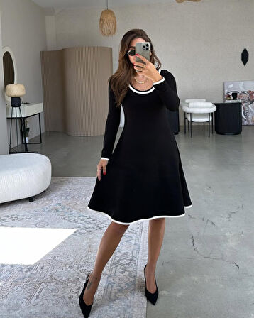 TUA MODA Kadın Uzun Kollu Yuvarlak Yaka Midi Viskon Iki Iplik Elbise