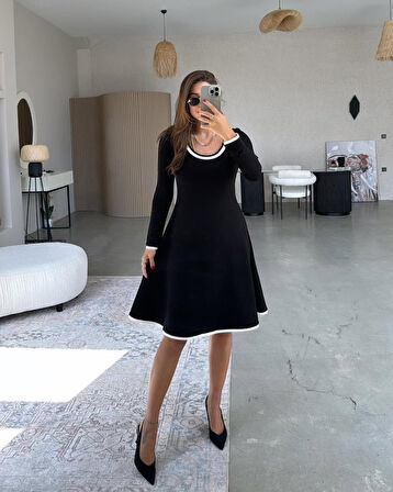 TUA MODA Kadın Uzun Kollu Yuvarlak Yaka Midi Viskon Iki Iplik Elbise