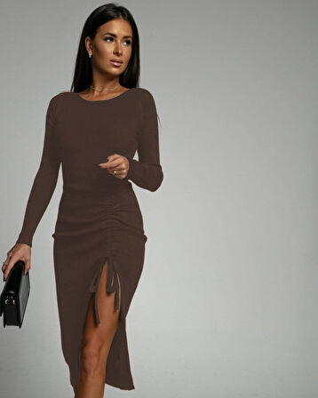 TUA MODA Kadın Uzun Kollu Yandan Büzgülü Yırtmaç Detay Kaşkorse Midi Boy Elbise