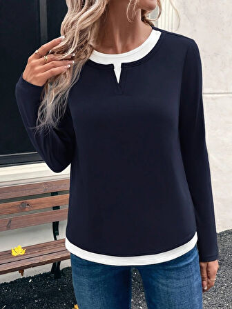 TUA MODA Kadın Uzun Kollu V Yakalı çift Renkli Viskon Iki Iplik Bluz