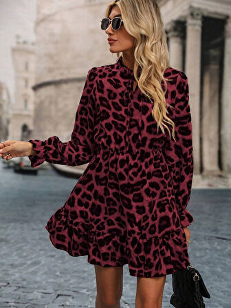 TUA MODA Kadın Uzun Kollu Yakadan Bağcıklı Modal Leopar Desenli Mini Elbise