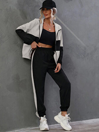 TUA MODA Kadın Uzun Kollu Kapşonlu önden Fermuarlı Viskon Iki Iplik Bluz Ve Pantolon Ikili Takım