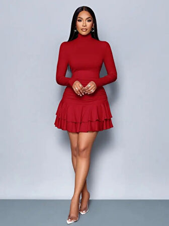 TUA MODA Kadın Uzun Kollu Balıkçı Yaka Mini Fırfırlı Sandy Elbise