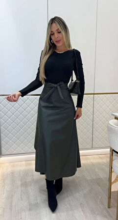 TUA MODA Kadın Belden Kuşaklı Uzun Deri Etek