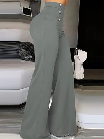 TUA MODA Kadın Yüksek Bel önden Düğmeli Uzun Paçaya Doğru Geniş Ithal Krep Pantolon