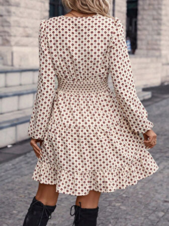 TUA MODA Kadın Uzun Kollu Kruvaze Yaka Desenli Mini Modal Elbise