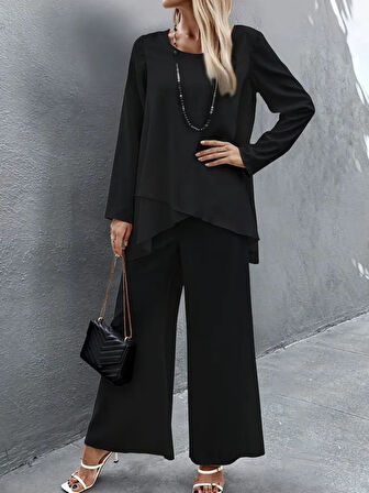 TUA MODA Kadın Uzun Kollu Asimetrik Detaylı Salaş Sandy Bluz Ve Pantolon Ikili Takım