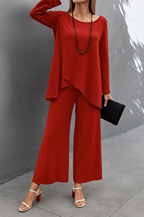 TUA MODA Kadın Uzun Kollu Asimetrik Detaylı Salaş Sandy Bluz Ve Pantolon Ikili Takım