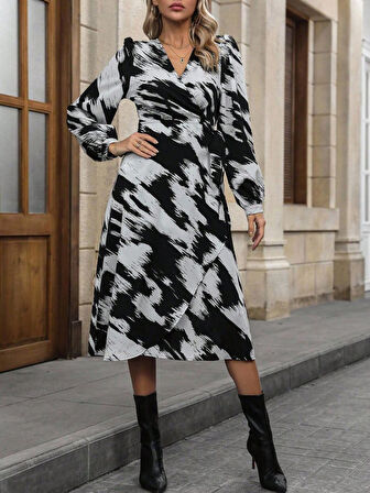 TUA MODA Kadın Uzun Kollu Kruvaze Yakalı Yandan Bağlamalı Desenli Mini Modal Elbise