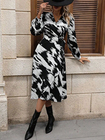 TUA MODA Kadın Uzun Kollu Kruvaze Yakalı Yandan Bağlamalı Desenli Mini Modal Elbise