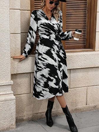 TUA MODA Kadın Uzun Kollu Kruvaze Yakalı Yandan Bağlamalı Desenli Mini Modal Elbise