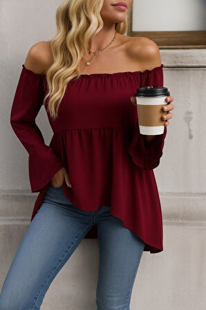 TUA MODA Kadın Uzun Kollu Madonna Yaka Asimetrik Detaylı Kolları Ispanyol Viskon Bluz