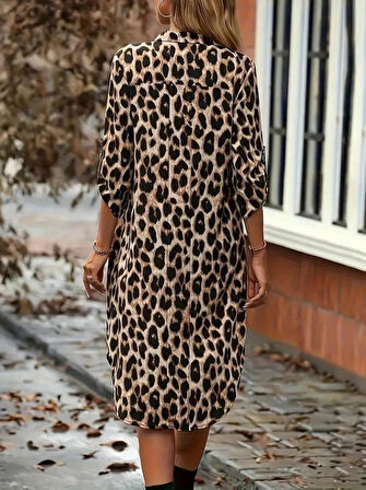 TUA MODA Kadın Uzun Kollu Yakalı önden Düğmeli Leopar Desenli Modal Midi Elbise