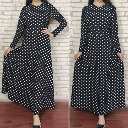 TUA MODA Kadın Siyah Tam Boy Beyaz Puantiyeli Elbise