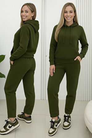 TUA MODA Kadın Uzun Kollu Kapşonlu Bağcıklı üç Iplik Bluz Ve Pantolon Ikili Takım