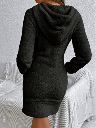 TUA MODA Kadın Uzun Kollu Kapşonlu Cepli Mini Peluş Elbise