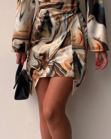 TUA MODA Kadın Uzun Kollu Kruvaze Yakalı Asimetrik Detaylı Mini Modal Elbise