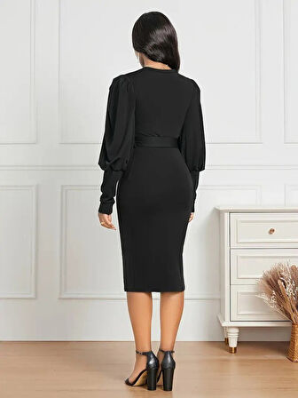 TUA MODA Kadın Uzun Kollu Bisiklet Yaka Beli Kuşaklı Ithal Krep Midi Elbise