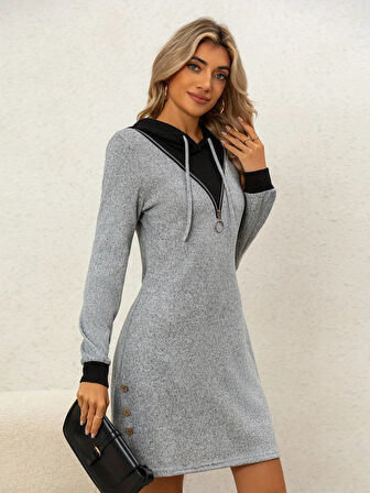 TUA MODA Kadın Uzun Kollu Kapşonlu önden Fermuarlı Düğmeli Mini Iki Iplik Elbise