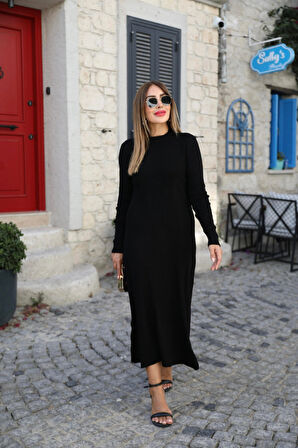 TUA MODA Kadın Uzun Kollu Yarı Balıkçı Yaka Arkadan Pencere Detaylı Bağcıklı Midi Triko Elbise