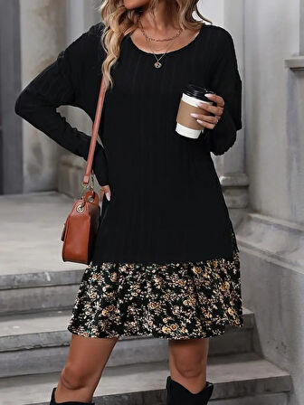 TUA MODA Kadın Uzun Kollu Bisiklet Yaka şardonlu Kaşkorse Bluz Ve Süprem Etek Elbise