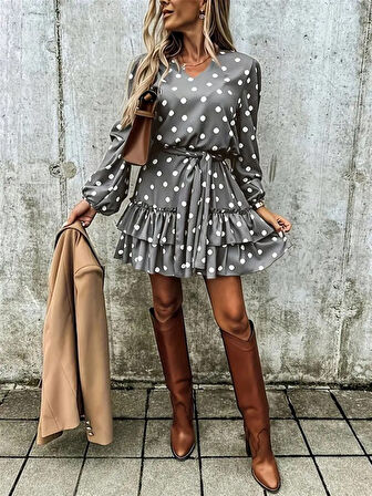 TUA MODA Kadın Uzun Kollu V Yakalı Belden Kuşaklı Puantiyeli Mini Modal Elbise