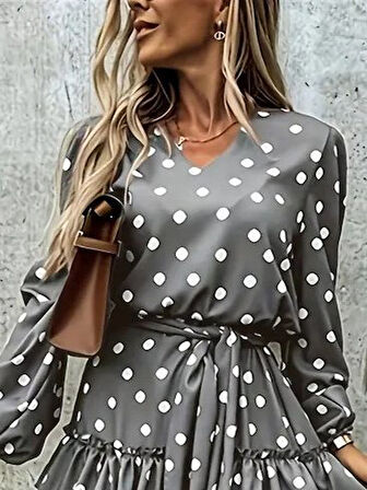 TUA MODA Kadın Uzun Kollu V Yakalı Belden Kuşaklı Puantiyeli Mini Modal Elbise
