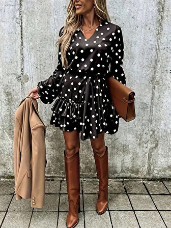 TUA MODA Kadın Uzun Kollu V Yakalı Belden Kuşaklı Puantiyeli Mini Modal Elbise
