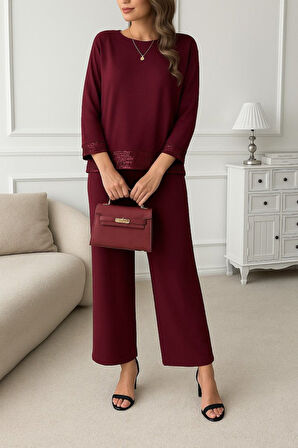 TUA MODA Kadın Uzun Kollu Bisiklet Yaka Pulpayetli Viskon Iki Iplik Bluz Ve Pantolon Ikili Takım