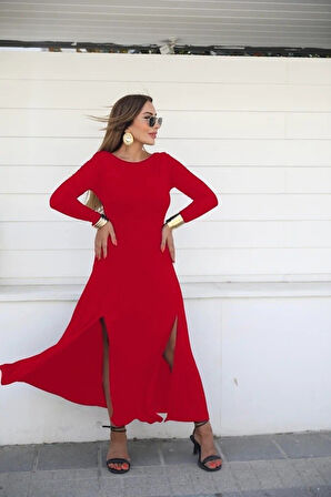 TUA MODA Kadın Uzun Kollu Hafif Kayık Yaka Sırt Dekolteli Yırtmaç Detaylı Viskon Tam Boy Elbise