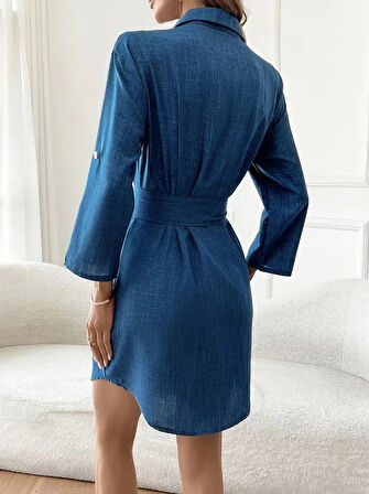 TUA MODA Kadın Uzun Kollu Yakalı önden Düğmeli Beli Kuşaklı Mini Ithal Keten Elbise