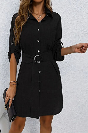 TUA MODA Kadın Uzun Kollu Yakalı önden Düğmeli Beli Kuşaklı Mini Ithal Keten Elbise