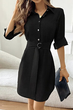 TUA MODA Kadın Uzun Kollu Yakalı önden Düğmeli Beli Kuşaklı Mini Ithal Keten Elbise