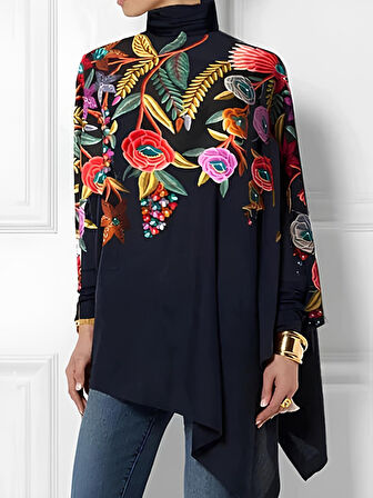 TUA MODA Kadın Uzun Kollu Balıkçı Yaka Asimetrik Kesim Mikro Bluz