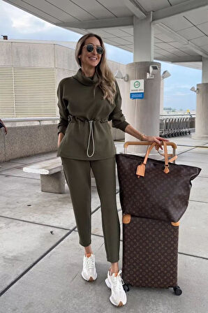 TUA MODA Kadın Uzun Kollu Balıkçı Yaka Belden Lastikli Modal Bluz Ve Pantolon Ikili Takım