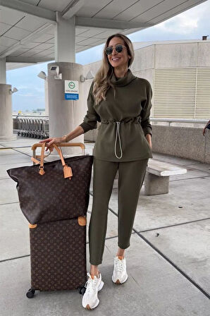 TUA MODA Kadın Uzun Kollu Balıkçı Yaka Belden Lastikli Modal Bluz Ve Pantolon Ikili Takım