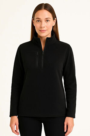 TUA MODA Polar Kazak – Dik Yaka, Yarım Fermuarlı, Fermuarlı Göğüs Cepli, Siyah Biyeli, Kışlık Rahat 