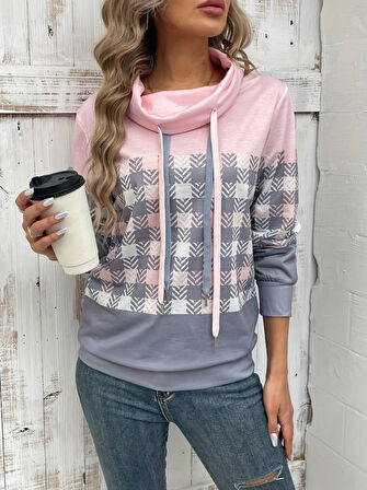 TUA MODA Kadın Uzun Kollu Balıkçı Yaka Bağcıklı Desenli şardonlu Dalgıç Bluz