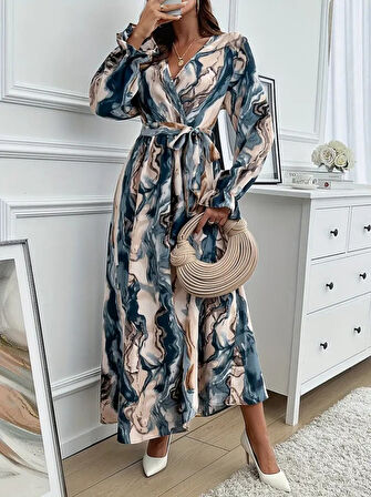 TUA MODA Kadın Uzun Kollu Kruvaze Yakalı Beli Kuşaklı Desenli Süprem Maxi Elbise
