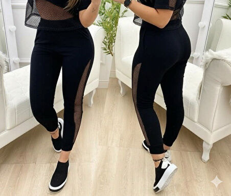 TUA MODA Kadın Yüksek Bel File Detaylı Dar Kesim Viskon Iki Iplik Pantolon