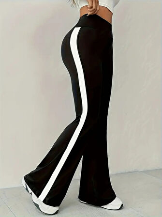 TUA MODA Kadın Yüksek Bel İspanyol Paçalı Yanlardan şerit Detaylı Dalgıç Tayt Pantolon