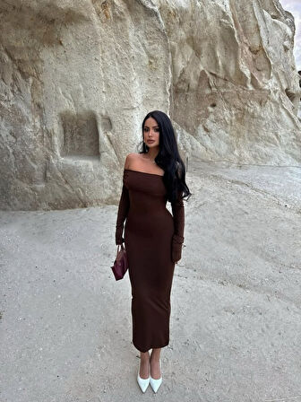 TUA MODA Kadın Uzun Kollu Madonna Yaka Midi Boy Elbise