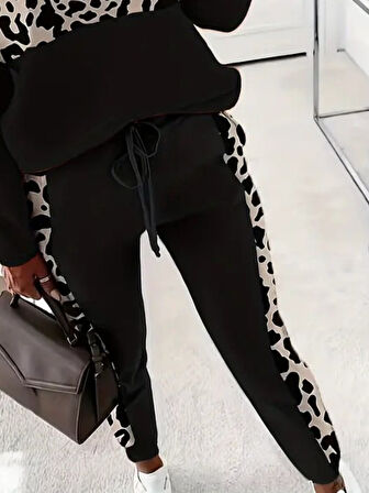 TUA MODA Kadın Uzun Kollu Fermuarlı Karışık Desenli Viskon Iki Iplik Bluz Ve Pantolon Ikili Takım