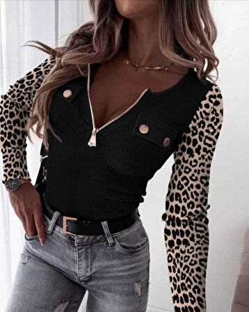 TUA MODA Kadın Uzun Kollu Leopar Desenli Fermuarlı önden Cep Ve Düğme Detaylı Kaşkorse Bluz