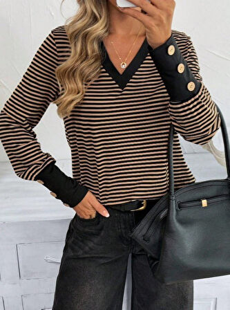 TUA MODA Kadın Uzun Kollu V Yakalı Desenli Süprem Bluz