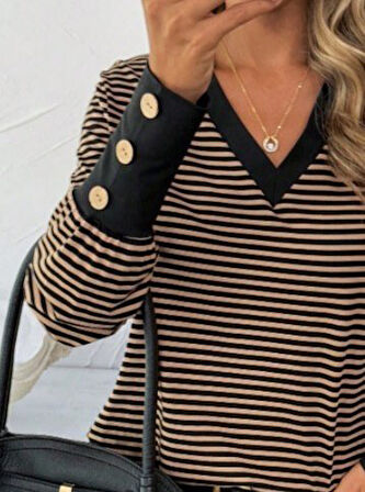 TUA MODA Kadın Uzun Kollu V Yakalı Desenli Süprem Bluz