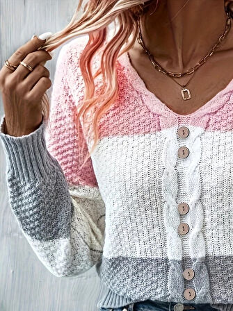 TUA MODA Kadın Uzun Kollu V Yakalı önden Düğmeli çok Renkli Bluz