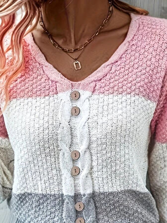 TUA MODA Kadın Uzun Kollu V Yakalı önden Düğmeli çok Renkli Bluz