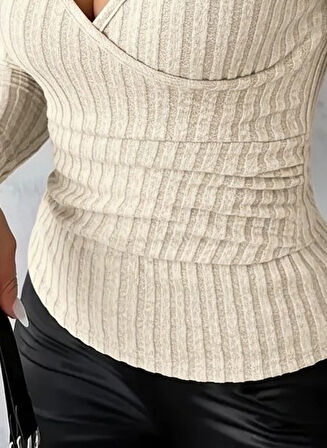 TUA MODA Kadın Uzun Kollu Kruvaze Yakalı Incili şardonlu Kaşkorse Bluz